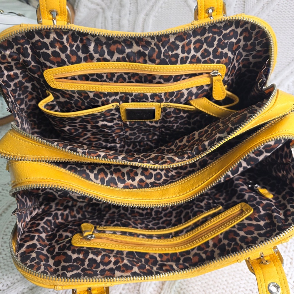 Maxx New York Large Shoulder Bag Bright Yellow‎ Faux Leather Leopard Lining - Picture 9 of 13